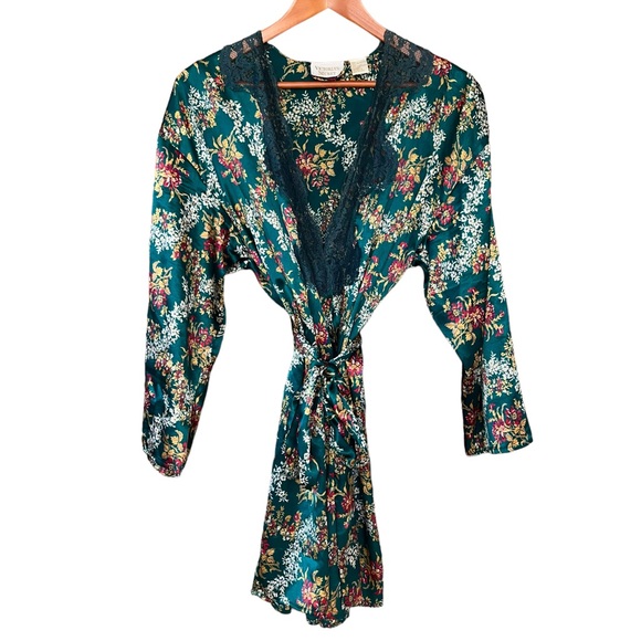 Vtg Victorias Secret Gold Label Green Floral Kimono Robe Lace Trim One Size - Picture 1 of 6